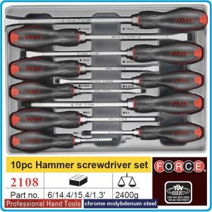 Отвертки ударни к-т, 10 броя, SL5.5-14 и PH1-4, ISO8764 DIN2380, CroMo, с PVC дръжка, Force, 2108.