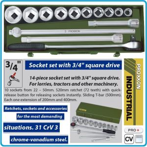 Вложки комплект от 22-50mm, инструменти 14 части на 3/4", гедоре шестостен, PROXXON, 23300.